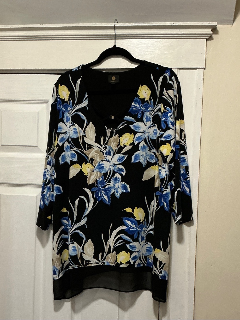 JM Collection Black V-Neck Tunic with Blue & Yellow Floral Print